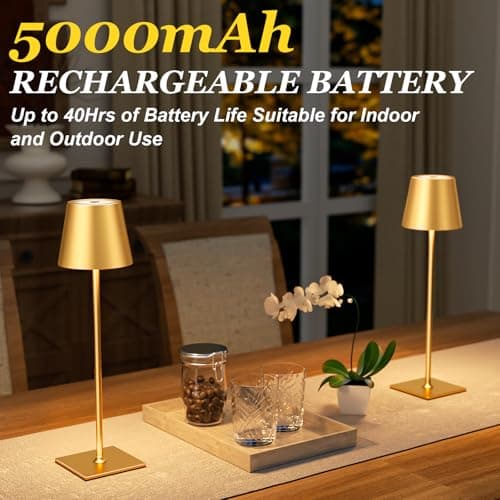 Kakanuo Gold Cordless Rechargeable Table Lamp 5000mAh Battery Operated Lamps, 3 Colors Stepless Dimming Touch Lamp for Living Room, Kitchen Counter, Dining, Outdoor Patio, 2 Pack - Thumbnail 3
