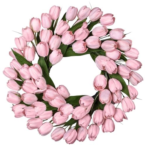 24 Inch Tulip Summer Wreath for Front Door Spring Silk Wreath with Green Leaves Artificial Tulip Flower Wreaths for All Seasons Farmhouse Porch Wall Living Room Home Widding Decor-Pink - Image 1