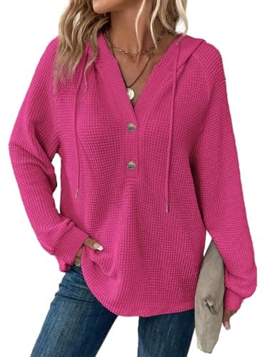 BLENCOT Womens Fall Tops Sweatshirts For Women Oversized Waffle Knit Drawstring Button V Neck Long Sleeve Casual Lightweight Sweatshirt Hooded Comfy Winter Fashion Outfits Clothes Rosy M - Image 1