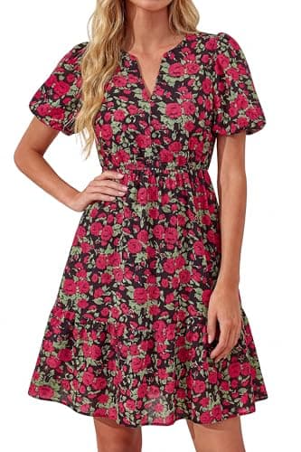 dowerme Women Summer Casual Dresses 2026 Puff Short Sleeve V Neck Floral Boho Midi Dress Flowy Ruffle Spring Sundress(Floral Rose Red,X-Large) - Image 1