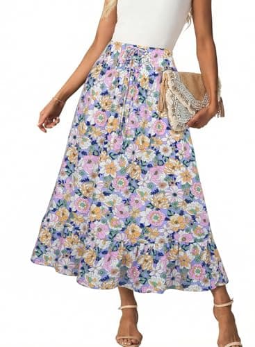 BLENCOT Maxi Skirts for Women Spring Summer Bohemian Floral Print Smocked A line Swing Long Skirt Purple Small - Image 1