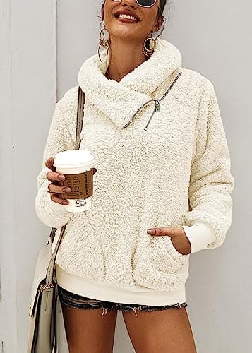 KIRUNDO Winter Clothing for Women Sherpa Pullover Fleece Zip Sweatshirt 2026 Fall Fashion Fuzzy Faux Shearling Warm Outwear(X-Large, Beige) - Thumbnail 3