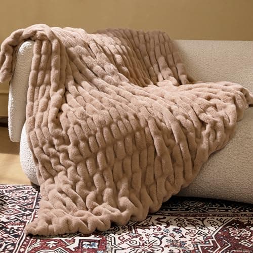 blunique Faux Rabbit Fur Throw Blanket, Soft Plush Cozy Blanket for Couch Bed, Thick Fluffy Ruched Decorative Blanket, Giftable,50"x60",Light Brown - Image 1
