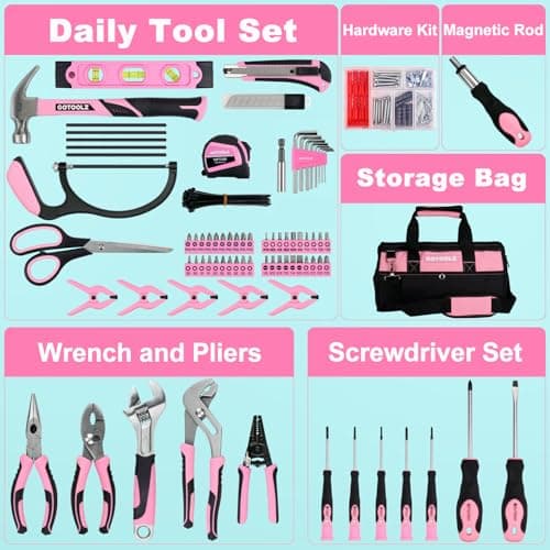 GOTOOLZ 269-Piece Home Tool Set, General Household Repairing Tool Kit with Storage Bag, Basic Hand Tool Kit Set for Home Maintenance, DIY and Crafts(Pink) - Thumbnail 2