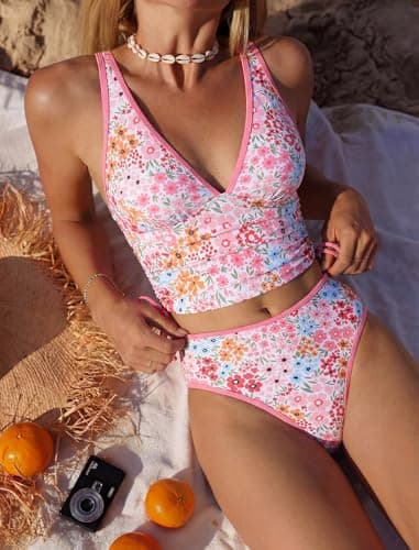 Jillumi Two Piece Tankini Swimsuits for Women Tummy Control Bathing Suit Color Block V Neck Swim Suits with High Waisted Bottom (Pink Floral, XX-Large) - Thumbnail 3