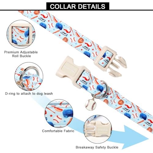 Lionet Paws Light Blue Summer Dog Collar Baseball Collars with Cute Baseballs Pattern Pendant - Female Male Boy Dog Collar for Medium Large Dogs L - Thumbnail 4