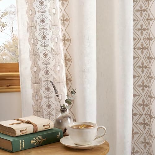 NICETOWN 102" Long Thick Cream Linen Curtains Light Sand Floral Pattern - Elegant Drapes for French Sliding Door, Farmhouse Style Privacy Enhancing Floor to Ceiling Window Treatments, 52 x 102, 2 Pcs - Thumbnail 2