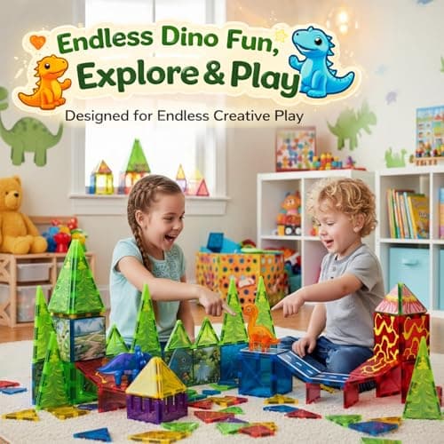 LATI Magnetic Tiles Dinosaur Building Set, Dino World Magnet Blocks with Double-Sided Egg Hatch Story, STEM Construction Toy for Kids Ages 3+, Educational Gift for Boys & Girls - Thumbnail 2