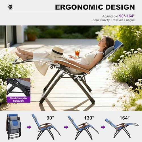 PURPLE LEAF Oversized Outdoor Reclining Chair Set of 2 Patio Zero Gravity Chaise Lounge Folding Chair with Quilted Cushion Adjustable Headrest for Lawn Camping Beach Pool Grey and Navy Blue - Thumbnail 4