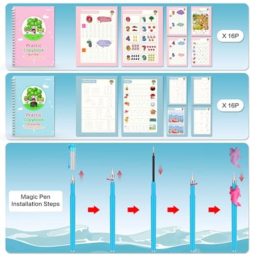 WANFRES Magic grooved Writing Practice Books Great for Beginners, 5 Books, 2 pens, 2 Pencil Grips, 20 Refills. grooved Handwriting Practice for Kids 3-10, Reusable grooved Handwriting workbooks. - Thumbnail 6