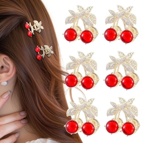 6PCS Rhinestones Cherry Small Hair Clips-Mini Claw Clips for Women, Metal Springs, Cute Hair Accessories for Updo and Half Up Styles (Crystal Cherry) - Image 1