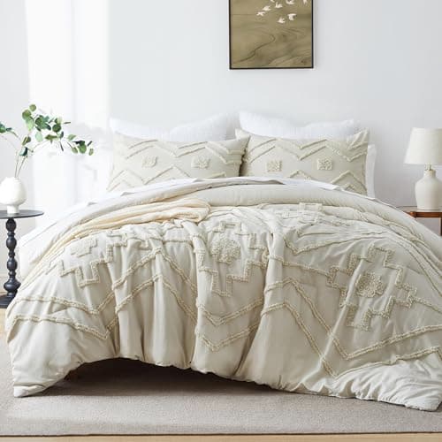 Oli Anderson Boho Tufted Comforter Set King Size, 3 Pcs Soft Jacquard Bedding Set for All Seasons, Shabby Chic Farmhouse Bedding Set with Comforters for All Seasons (Beige, King)
