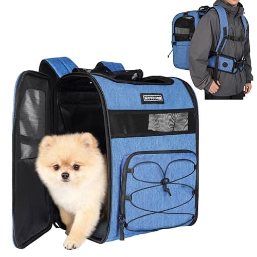 Hiking Dog Carrier Backpack, Adjustable Waist Cushioning Belt with Breathable Padded Back Support, Dog Carrier for Hiking with 5 Pockets, Dog Carrier Backpack for Small Dogs Max 13LB Blue - Image 1