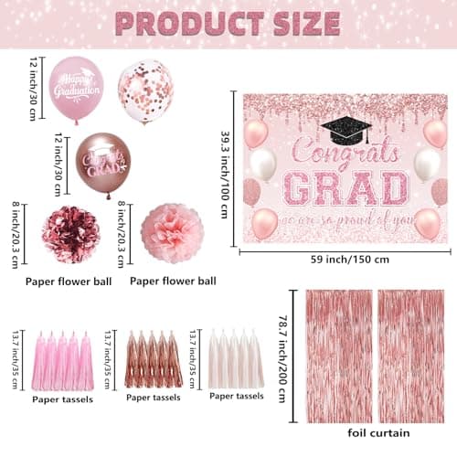 Graduation Decorations Class of 2026, Congrats Grad Backdrop, Graduation Balloons, Paper Pompoms, Paper Tassels, Foil Curtains for 2026 Graduation Party Decorations(Pink) - Thumbnail 3