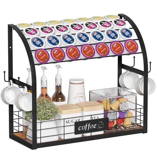 Greatseas Metal K Cup Holder, 2 Tier Coffee Bar Organizer with 4 Coffee Mug Hooks, Multi-functional Countertop Coffee Station Tray Wooden K Cup Organizer - Black - Image 1