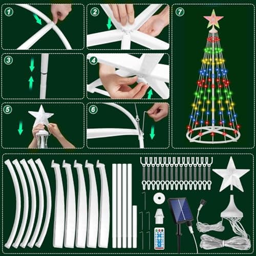 IDEAALS 4FT 118LED Outdoor Solar Christmas Cone Tree Lights, 8 Modes Timer Remote RGB Christmas Tree Lights with Star Topper for Xmas Yard Porch Patio Holiday Decor - Thumbnail 4