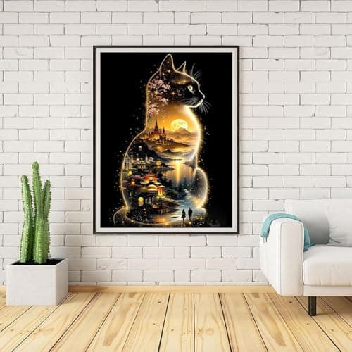 Lophomie Cat Diamond Art Kits for Adults, 5D DIY Cat Landscape Diamond Painting for Adults Beginners, Diamond Dots Kits Gem Arts Crafts for Home Wall Decor 12x16 Inch - Thumbnail 2