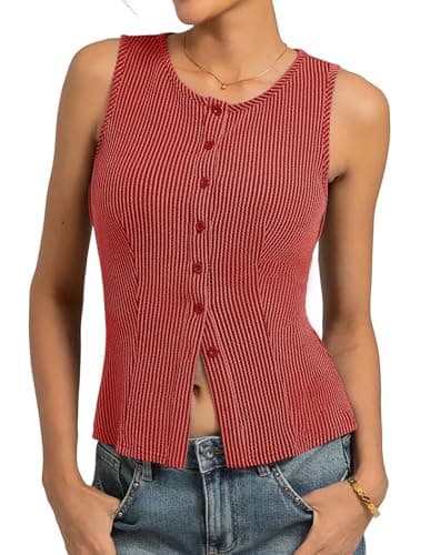 Kate Kasin Woman Red Tank Top Summer Trendy 2026, Button Down Sweater Vest Top Y2K, Sleeveless Ribbed Tops Going Out 2XL - Image 1