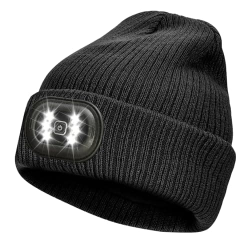 IVYWNT Adult LED Beanie with Light, USB Rechargeable Headlamp Winter Knitted Hat, Birthday Gift for Men Women, Black - Image 1