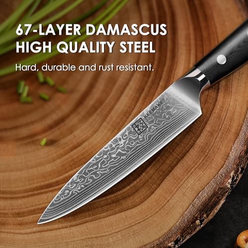 KEEMAKE Paring Knife, 5 Inch 67-Layer Damascus Steel Fruit Knife with Ergonomic G10 Handle, Multipurpose Kitchen Knife for Fruit and Vegetable Cutting - Thumbnail 3