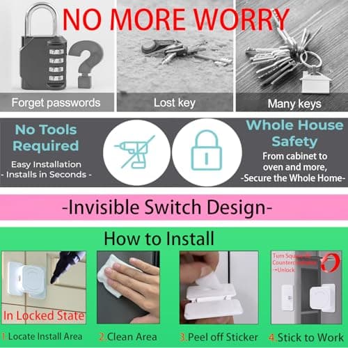 Bstsilver Corner & Flat Drawer Locks Baby Proofing, Refrigerator Lock Child Safety for Filing Cabinets Door Edges Oven Cupboard Kitchen Room, Fridge Latches Petproof for Toddler Cat, Upgarde Adhesive - Thumbnail 4