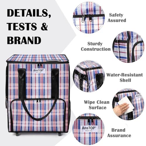 AnsTOP Reusable Grocery Bag on Wheels, 66LBS Foldable Shopping Cart with 5 Smooth Caster Wheels Zippered Top, Rolling Tote with Multiple Pockets for Groceries, Laundry, Travel, Camping,Medium,Colorful - Thumbnail 6