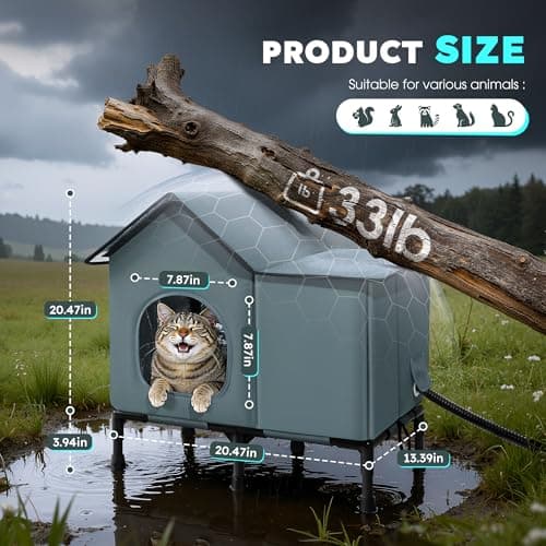 Weatherproof Heated Cat House for Outside with Heating Pad, Elevated Feet Outdoor Cat House, Expanded Canopy Warm Cats Shelter, Heating Pet Beds for Feral or Stray Cats in Winter (Warm Grey, Heated) - Thumbnail 3