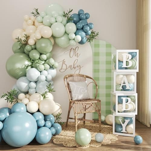 Dusty Blue Sage Green Balloon Baby Shower Decorations, 132Pcs Fog Blue Light Blue Green Sand White Balloon Arch Garland Kit Baby Box with Letters for Boho Baby Shower Gender Reveal Party Decorations - Image 1