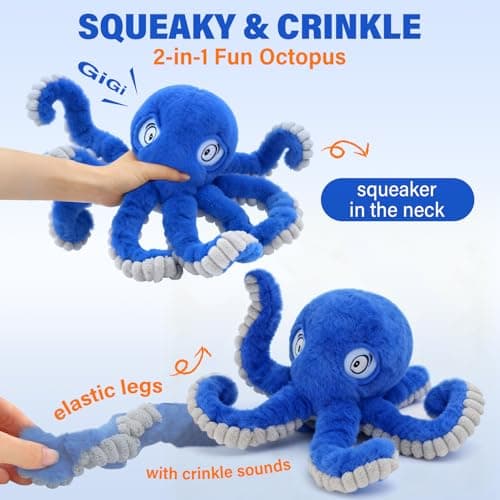 VOXGET Dog Octopus Squeaky Toys, Interactive Tug of War Doggie Toy with Crazy Crinkle for Pet Dogs Use Only, Stuffed Plush Octopus Toy for Puppies Keep Busy Reduce Boredom (Blue,4" x 4.8") - Thumbnail 3