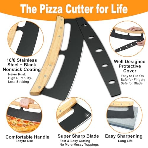 Pizza Cutter Rocker Blade 14 Inch - Razor Sharp Stainless Steel Slicer Knife Slice Pizza with Ease, Stylish Rubbre Wood Handle,With Protective Cover - Professional Pizza Oven Accessories。 - Thumbnail 2