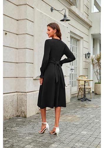 ECOWISH Womens Dresses 2025 Fall Long Sleeve Tie Waist Casual Wedding Guest Party Cocktail Flowy A Line Midi Dress with Pockets Black Large - Thumbnail 3