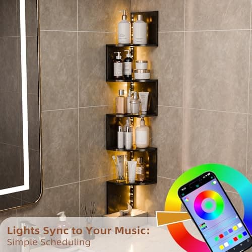 HAAYOT Corner Shelf Wall Mounted: 5-Tier Floating Shelves with Lights for Living Room, Bedroom, Home Office, Black - Thumbnail 3
