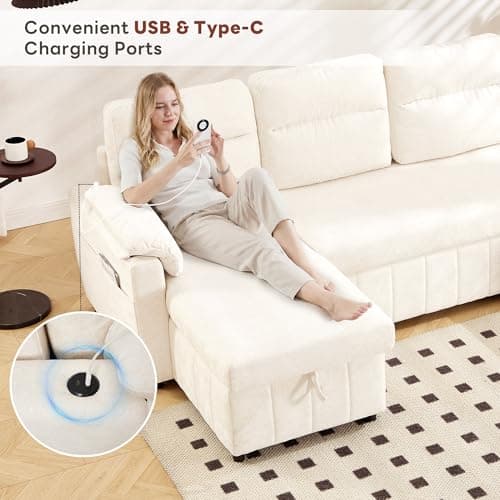 Tbfit 108'' Pull Out Sofa, Cloud Sleeper Sofa Bed with USB & 2 Storage Chaises, Comfy Oersized U Shaped Convertible Sectional Sleeper Couches for Living Room, Apartment, Office, White Sherpa - Thumbnail 4