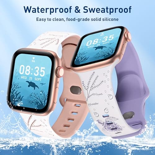 HMFCBFSS Engraved Cute Sea Turtle Band Compatible with Apple Watch Bands for Women Men 38mm 40mm 41mm 42mm, Stylish Two-Tone Floral Soft Silicone Sport Strap Fit iWatch Series 11 10 Se 9 8 7 6 5 4 3 2 1 (White/Sandy pink, 38mm/40mm/41mm/(42mm-Series 11 10) - Thumbnail 4