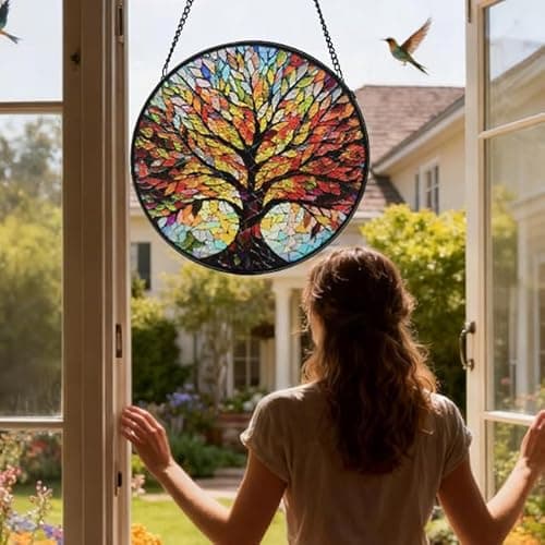 Stained Glass Window Hanging, Tree of Life Sun Catcher, Sun Catchers Indoor Window, Colorful Glass Panel,Suncatcher Room Decor,Gifts for Grandma Mom Wife,Aunt Birthday Gifts for Women 7.8in - Thumbnail 6