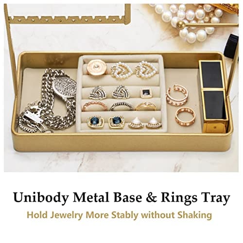 PiQi-Grecge Jewelry Organizer, 4-Tier Earring Holder Organizer with Metal Tray, Jewelry Holder Stand for Necklaces Stud Earrings Bracelets and Rings, Earring Organizer (Gold) - Thumbnail 4