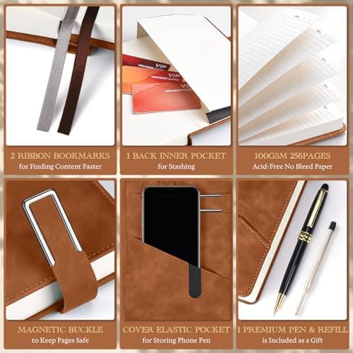 Lined Notebook Journal for Men Women, College Ruled Notebook, Hardcover Leather Journal with Pen & Gift Box, 256 Pages Thick Daily Diary, Professional Notebooks for Work, School, Business, Writing, A5 - Thumbnail 6