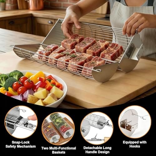 TNTOR Rolling Grill Basket, Larger 304 Stainless Steel Nesting Grilling Net, Removable Handle, BBQ Accessories Tools for Veg Shrimp, Outdoor Cooking Camping grilling gifts for men Dad Husband - Thumbnail 4
