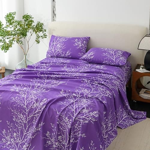 Spirit Linen home King Size Sheets Set - Pure Microfiber 4 Piece Polyester Bed Sheets, Fitted Sheet & Pillow Cases - King Sheets for All Seasons (Foliage Purple/White, King)