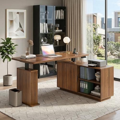 Electric L Shaped Standing Desk with Storage, 55 x 47 Inch Mid Century Modern Corner Sit Stand Up Desk, Wooden Adjustable Height L Office Desk Computer Executive for Home, Laptop, Fluted, Walnut - Thumbnail 6