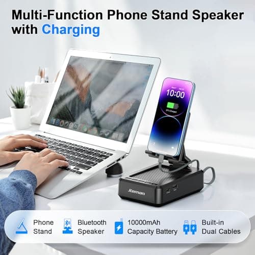 Jteman Cell Phone Stand Bluetooth Speaker with Built-in Cables,Foldable Adjustable Holder,All-in-One Audio Stand for iPhone Android,Birthday Gifts for Men Women - Thumbnail 2