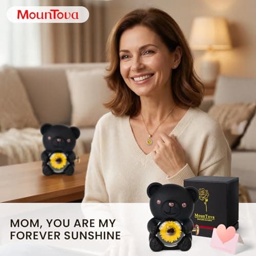 mountova Gifts for Women Birthday Mothers Day, Lucky Sunflower Bear with Necklace & Gift Box for Mom Daughter Sister, Anniversary Wedding Gift for Wife Girlfriend, Surprise Jewelry Box, Black - Thumbnail 6