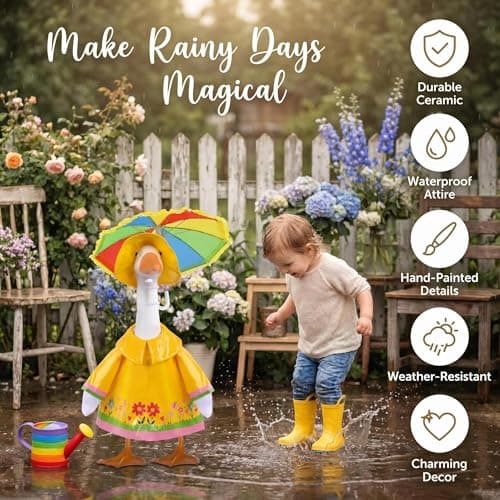 yuboo Summer Porch Goose Outfit for 23 Inch Cement Goose,Yellow Raincoat Goose Clothes with Rainbow Umbrella,Hat, Garden Costume for Lawn Porch Yard Outdoor Decor - Thumbnail 3