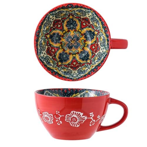 JINNTHE Red Ceramic Mug, Bohemian Hand-Painted, 15 Oz Large Coffee Cup for Milk, Tea, Breakfast, Dishwasher & Microwave Safe Cup