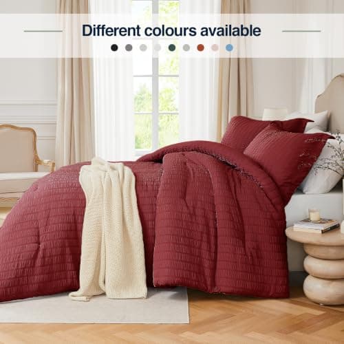 Quataly Queen Comforter Set Dark Red,3PCS Seersucker Lightweight Bedding Comforter for All Season, Queen Size(90''×90'' Comforter & 2 Pillowcases) - Thumbnail 6
