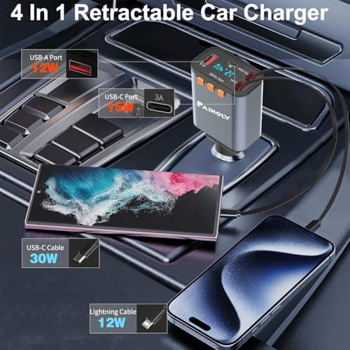 Bluetooth 5.3 Car Adapter, FM Transmitter Bluetooth Car Charger, 4 in 1 Retractable Car Charger, Phone USB C PD Fast Charging Adapter for RV SUV Truck, Fit iPhone 17/16/15/14 Samsung Galaxy S25/S24 - Thumbnail 4
