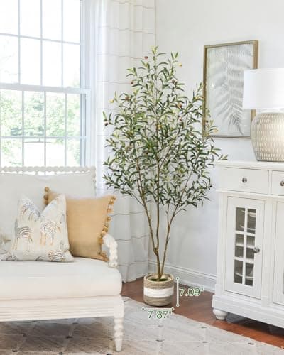 LuceAlberi Artificial Olive Tree 6FT - Tall Faux Olive Trees Indoor with Planter&Cotton Basket, Large Fake Olive Plants Realistic Branches Natural Wood Trunk and Fruits for Home House Office Decor - Thumbnail 2