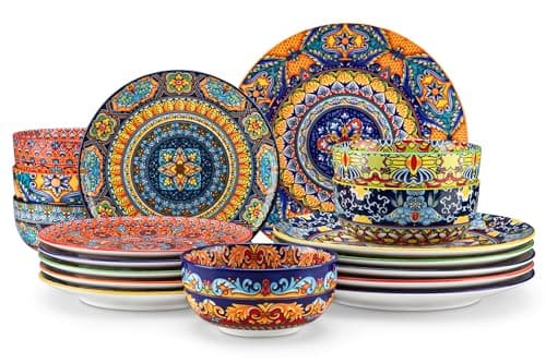 vancasso 18-Piece Dinnerware Sets,Ceramic Plates and Bowls Sets Service for 6, Bohemian Style Porcelain Dishes Set for 6, Microwave and Dishwasher Safe, Scratch Resistant,Non Toxic, Series KRVI - Image 1