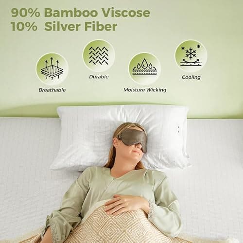 Bamboo Viscose Grounding Sheets, 10% Silver Infused Grounding Cooling Bed Sheets, Silky Breathable Than Cotton for Hot Sleeper, 15 Deep Pocket Grounded Fitted Sheets Only, White King - Thumbnail 3