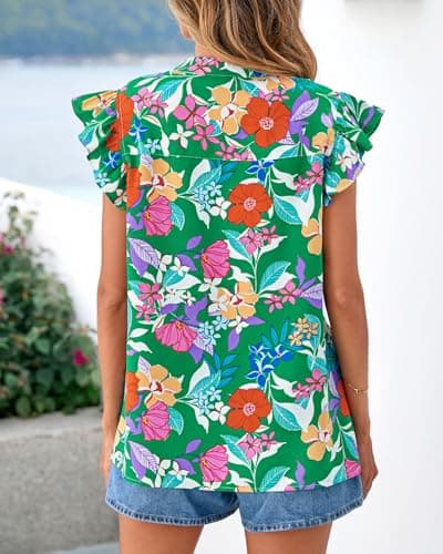 Zenlonr Womens Dressy Casual Tops 2026 Summer Ruffle Cap Sleeve V Neck Shirts Boho Floral Blouses Vacation Outfits(Green Orange Flower,XX-Large) - Thumbnail 3